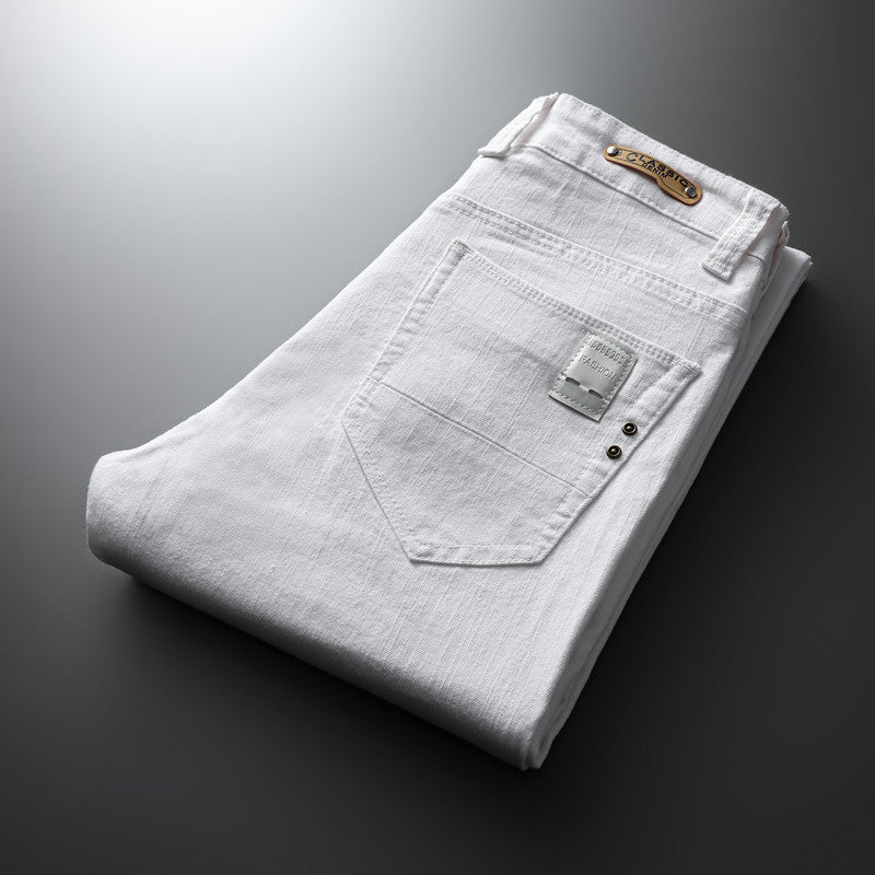 Men’s Trendy Slim‑Fit White Jeans, Embroidered European‑Style Skinny Denim Pants 109