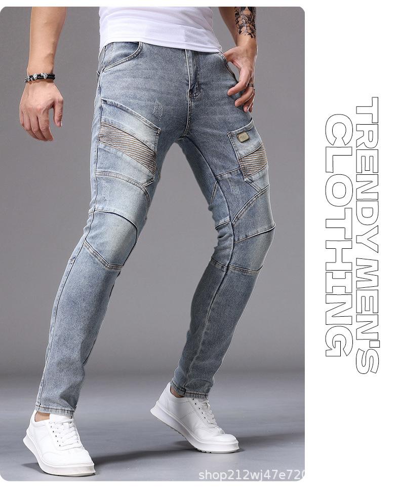 [Y242] Men's Biker Cargo Slim Jeans - Multi-Pocket, Patchwork Stitching, Vintage Washed Denim Pants