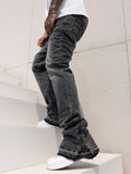 [TS2610] American High Street Stacked Jeans Men Zip Cuff Raw Frayed Bootcut Denim Pants