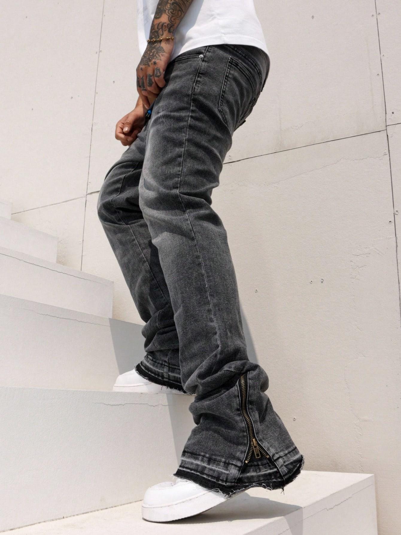 [TS2610] American High Street Stacked Jeans Men Zip Cuff Raw Frayed Bootcut Denim Pants