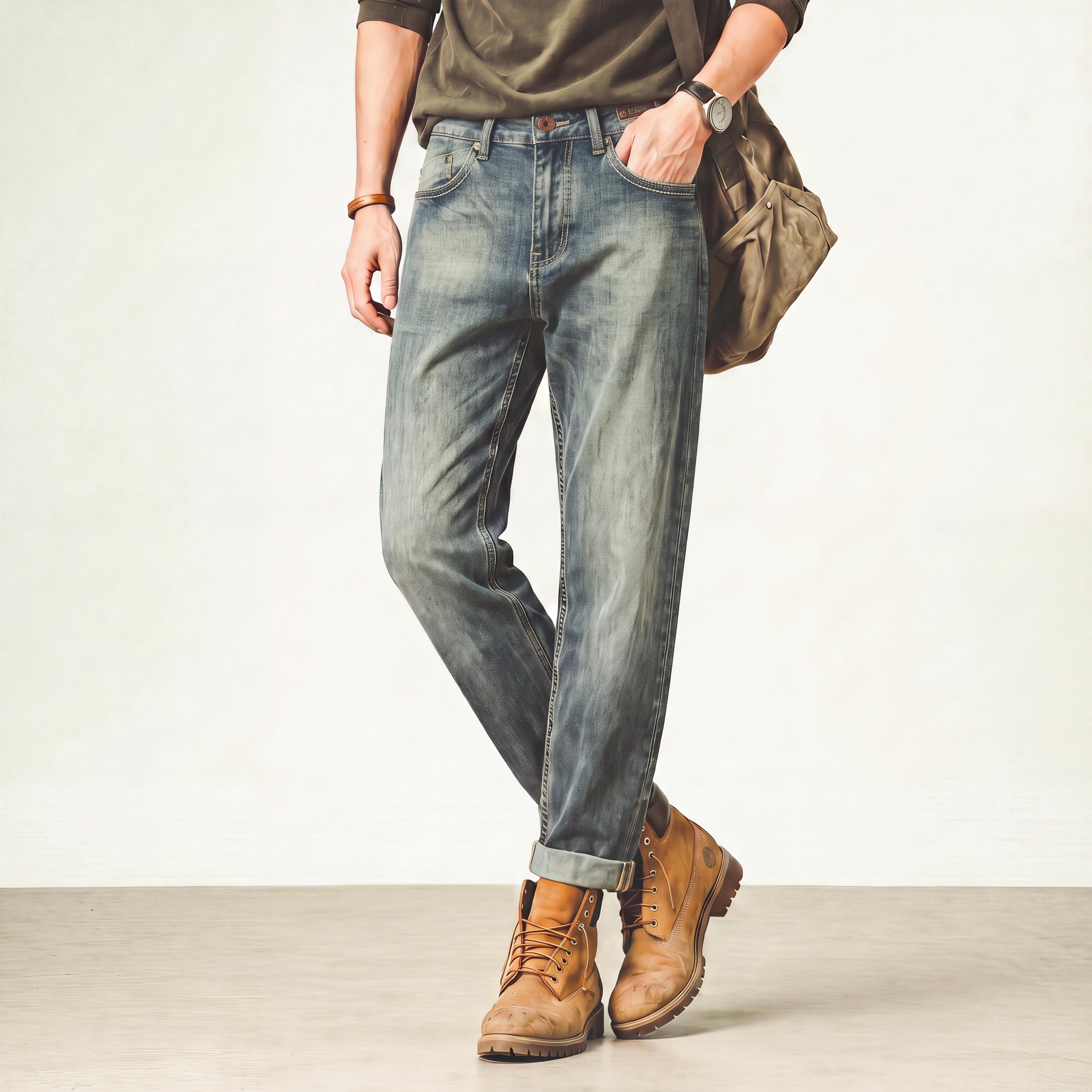 [P461G] Men Vintage Mud Wash Straight Jeans Diamond Embroidery Waist Denim Pants