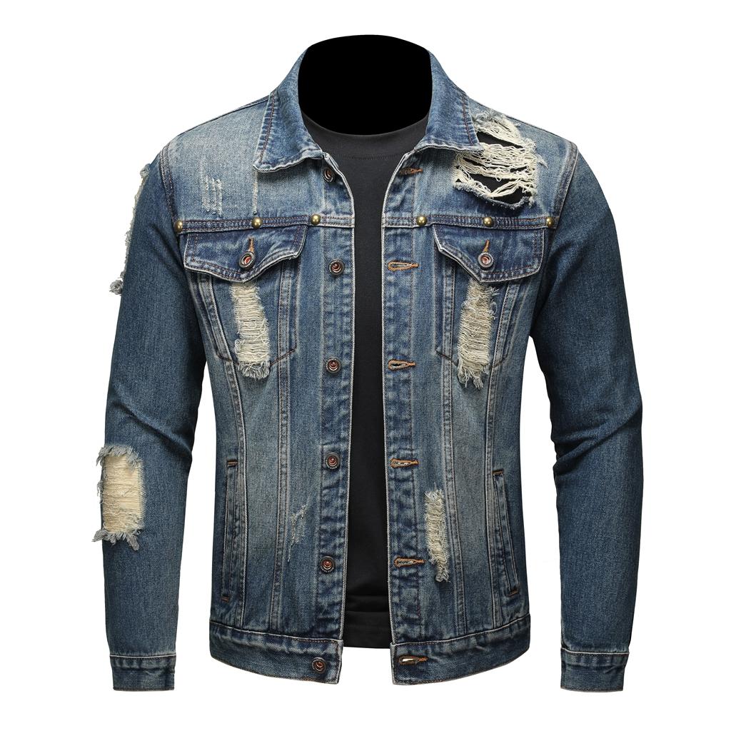 Vintage Distressed Street Style Washed Denim Jacket for Men, Casual Spring & Autumn Daily Wear, Trendy for Young Guys Long Sleeve Menswear