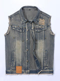[MJ579-YOUYI}New Arrival Men's Denim Jacket with Ripped Design, Retro Washed Vest, a Stylish Pick for Streetwear Looks