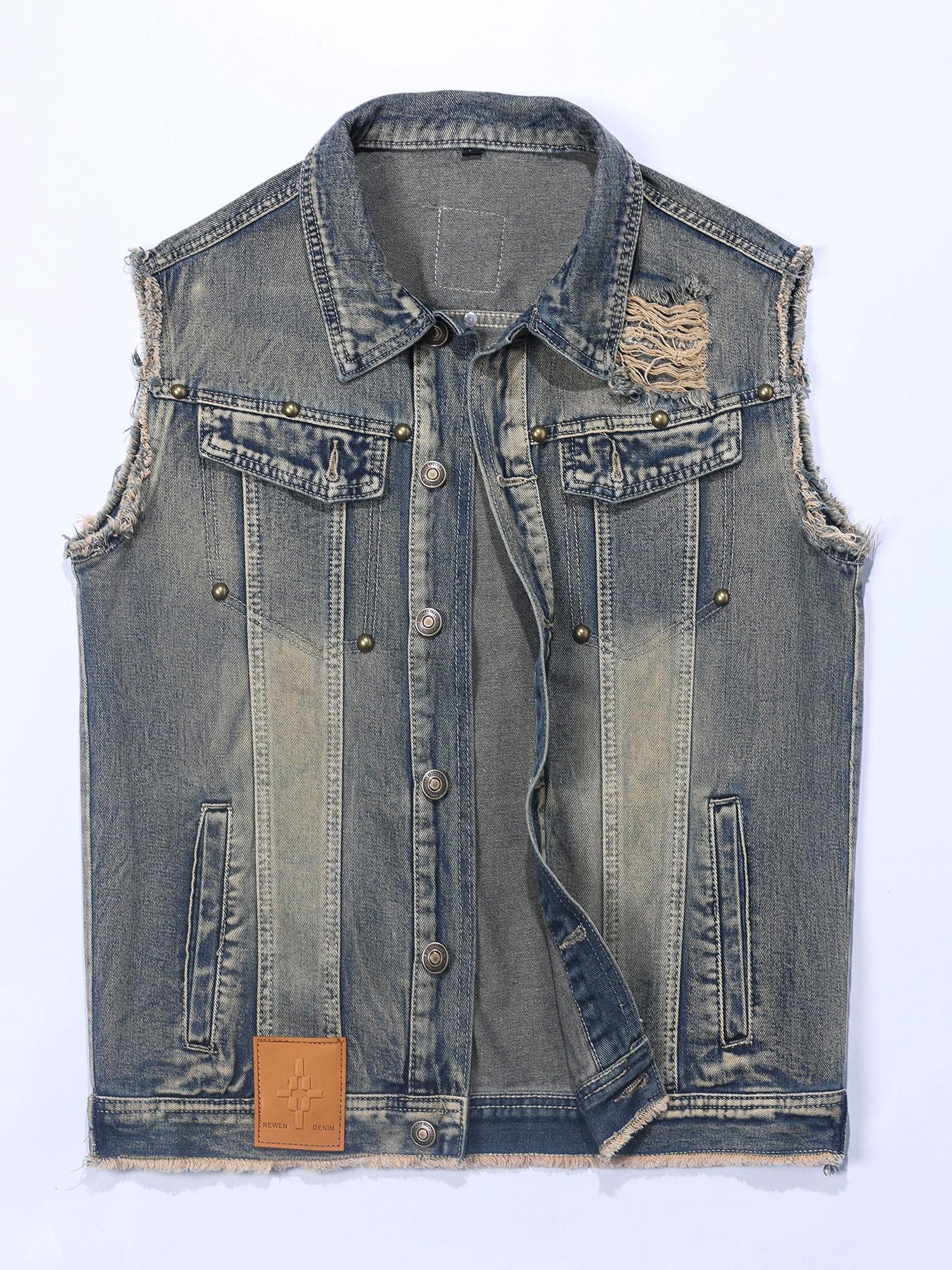 [MJ579-YOUYI}New Arrival Men's Denim Jacket with Ripped Design, Retro Washed Vest, a Stylish Pick for Streetwear Looks