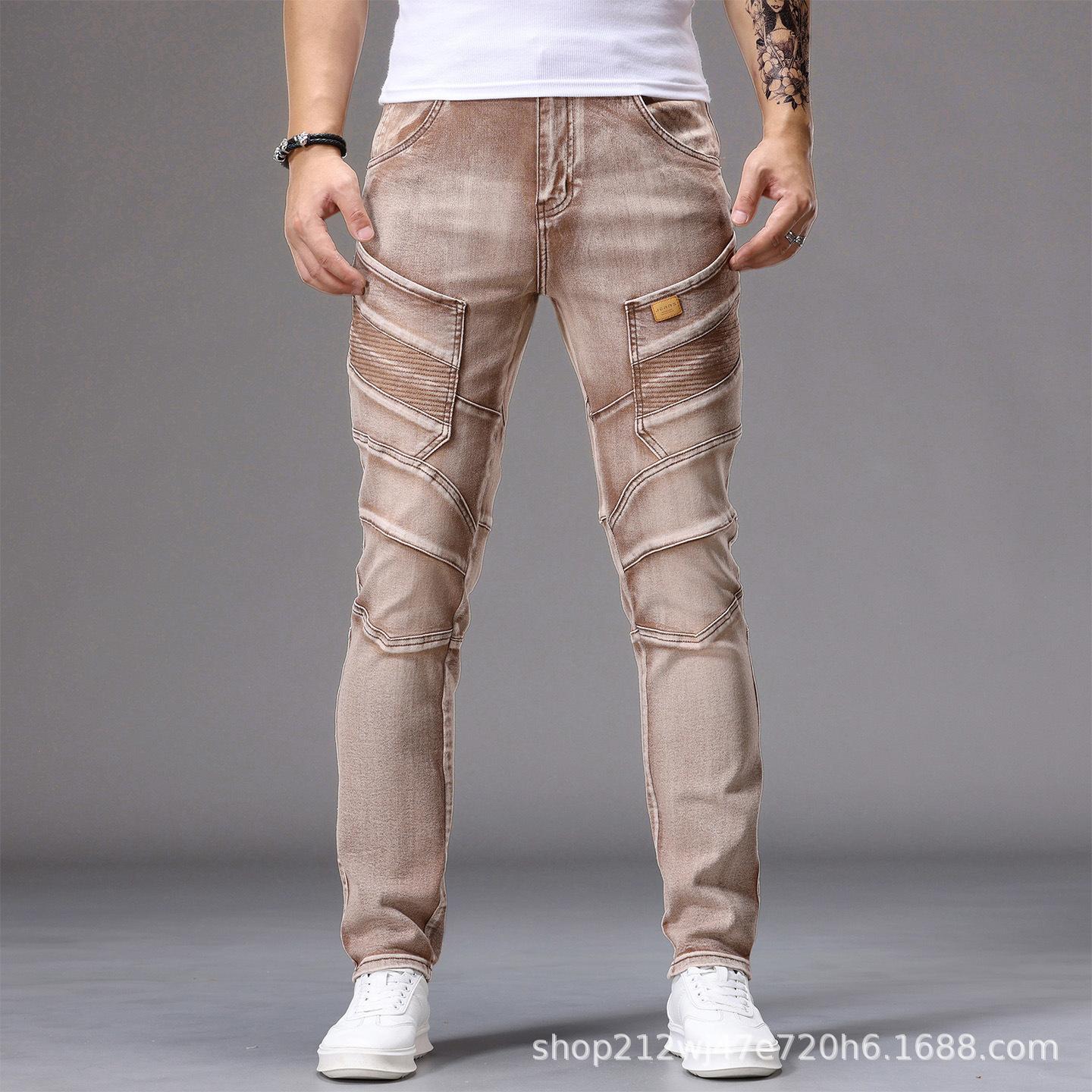 [Y242] Men's Biker Cargo Slim Jeans - Multi-Pocket, Patchwork Stitching, Vintage Washed Denim Pants