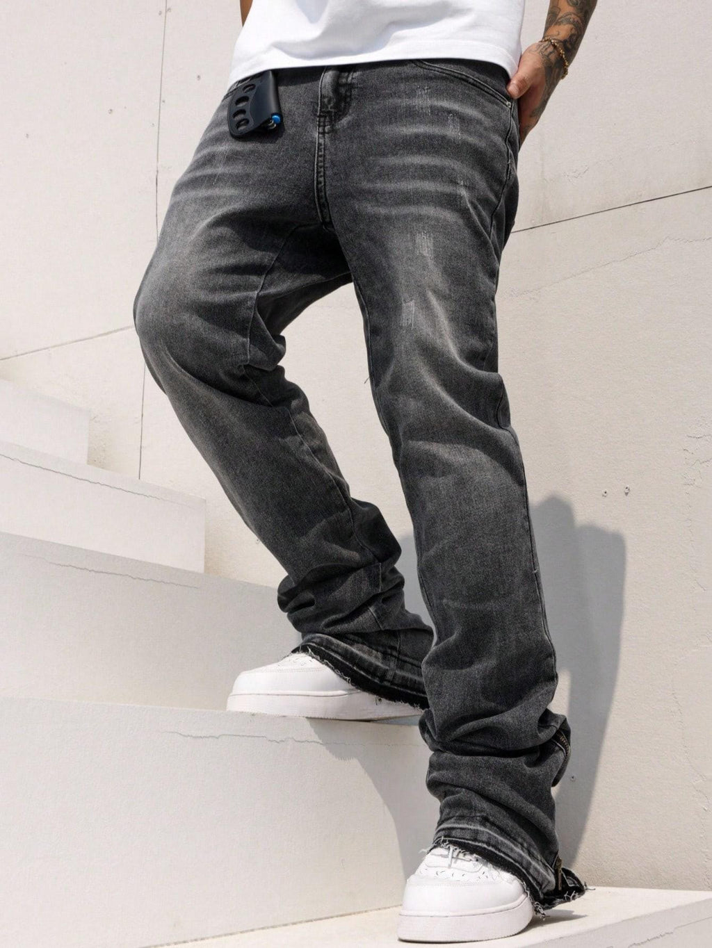 [TS2610] American High Street Stacked Jeans Men Zip Cuff Raw Frayed Bootcut Denim Pants