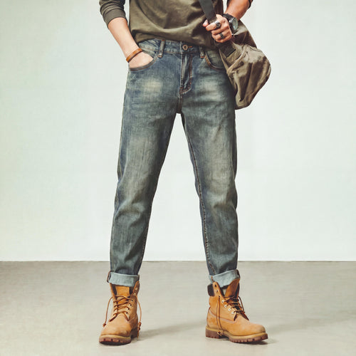 [P461G] Men Vintage Mud Wash Straight Jeans Diamond Embroidery Waist Denim Pants