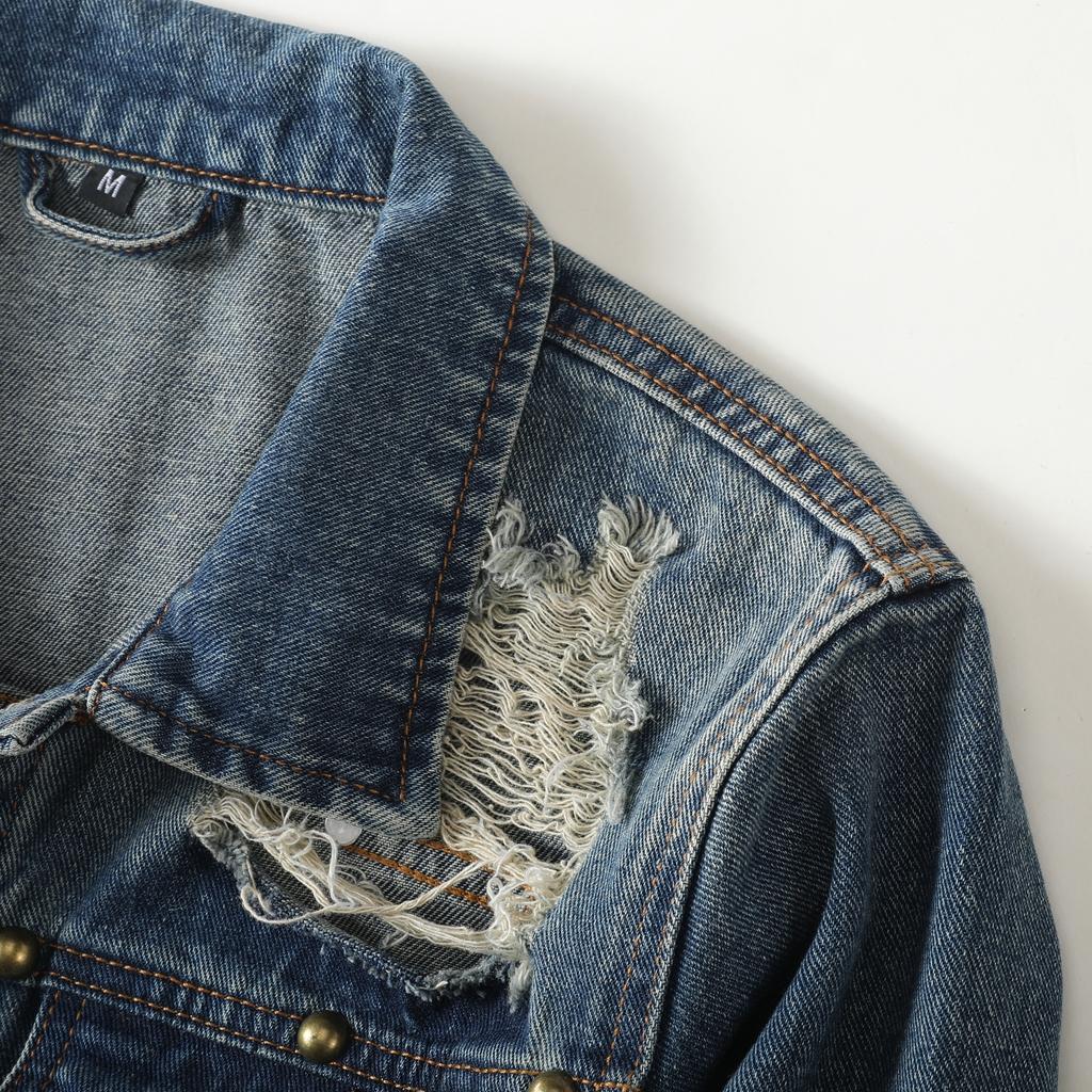 Vintage Distressed Street Style Washed Denim Jacket for Men, Casual Spring & Autumn Daily Wear, Trendy for Young Guys Long Sleeve Menswear
