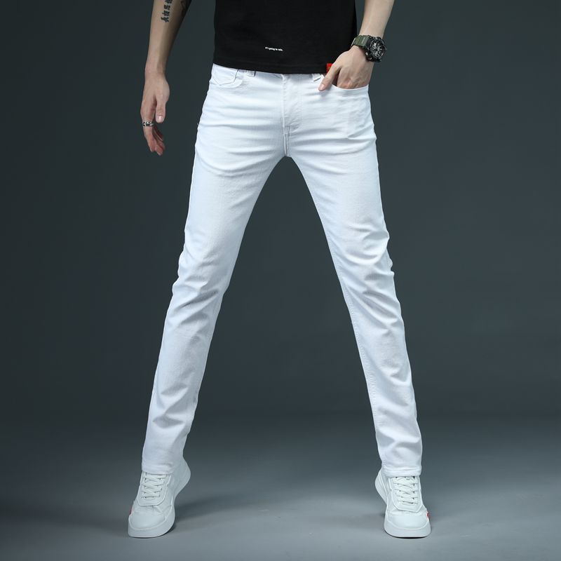 Men’s Trendy Slim‑Fit White Jeans, Embroidered European‑Style Skinny Denim Pants 109
