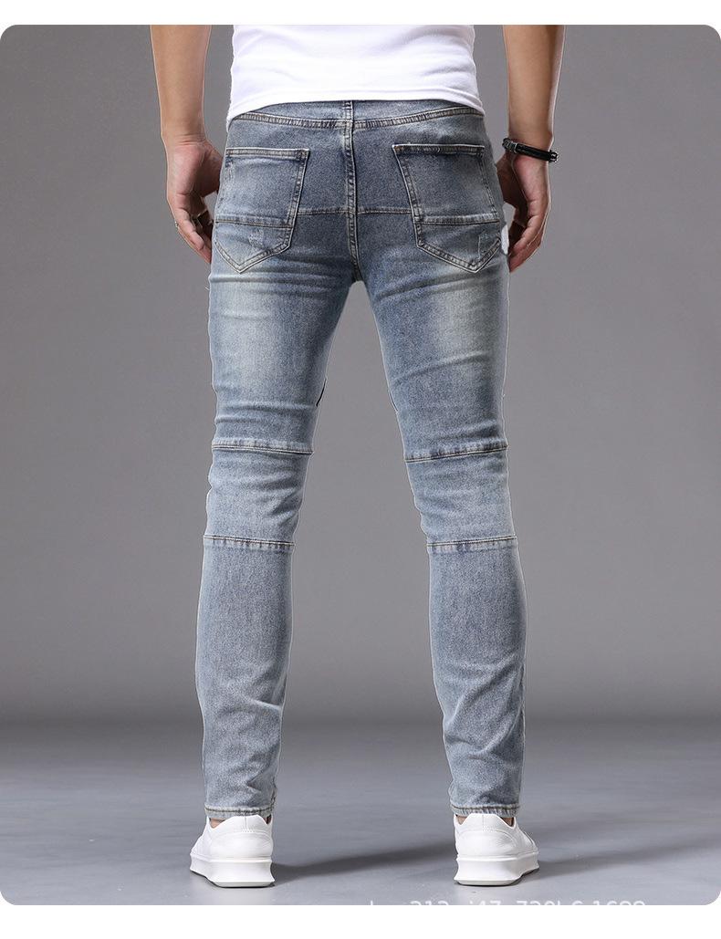 [Y242] Men's Biker Cargo Slim Jeans - Multi-Pocket, Patchwork Stitching, Vintage Washed Denim Pants