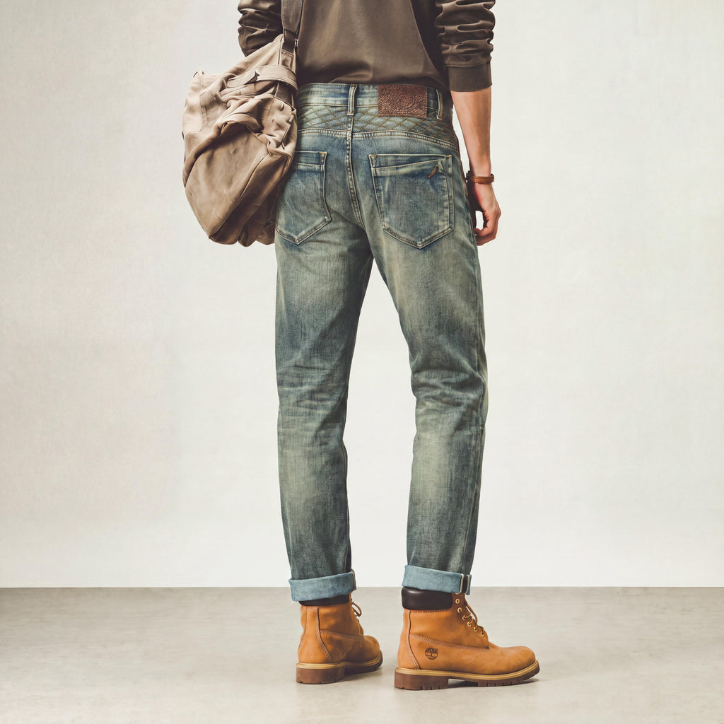 [P461G] Men Vintage Mud Wash Straight Jeans Diamond Embroidery Waist Denim Pants
