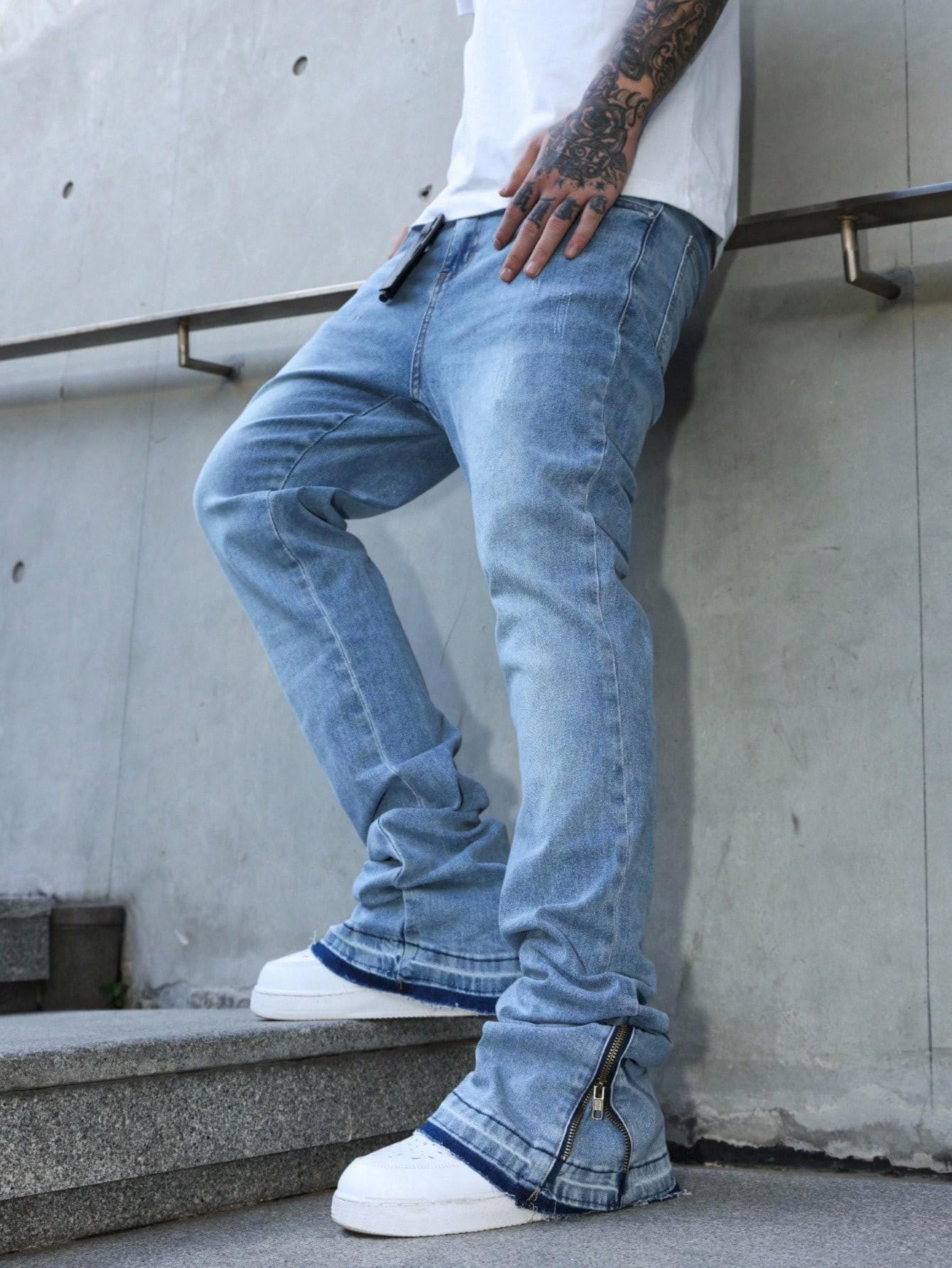 [TS2610] American High Street Stacked Jeans Men Zip Cuff Raw Frayed Bootcut Denim Pants