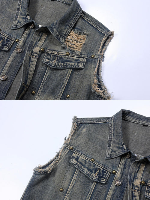 [MJ579-YOUYI}New Arrival Men's Denim Jacket with Ripped Design, Retro Washed Vest, a Stylish Pick for Streetwear Looks