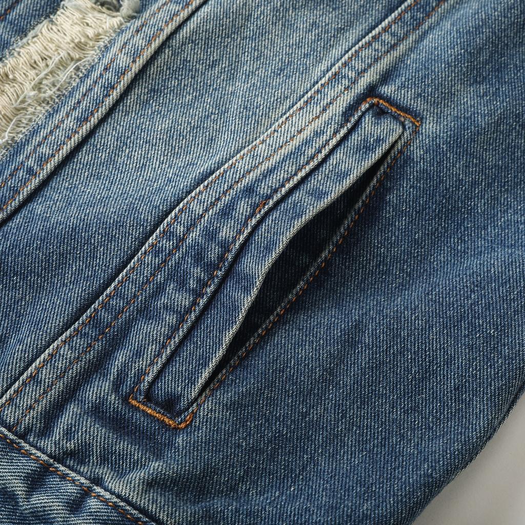Vintage Distressed Street Style Washed Denim Jacket for Men, Casual Spring & Autumn Daily Wear, Trendy for Young Guys Long Sleeve Menswear