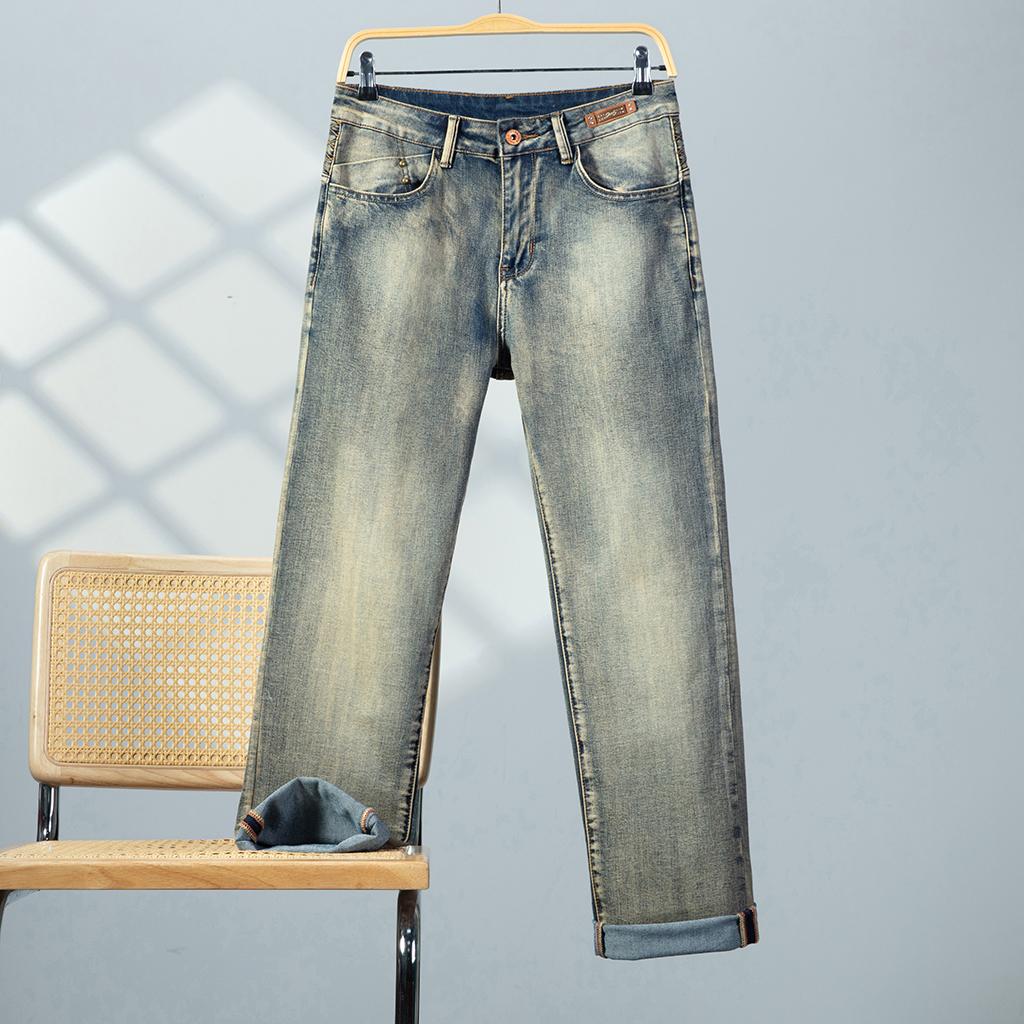 [P461G] Men Vintage Mud Wash Straight Jeans Diamond Embroidery Waist Denim Pants