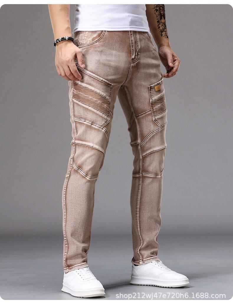 [Y242] Men's Biker Cargo Slim Jeans - Multi-Pocket, Patchwork Stitching, Vintage Washed Denim Pants