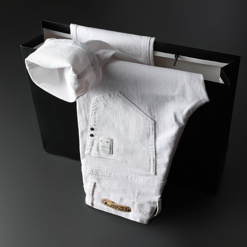 Men’s Trendy Slim‑Fit White Jeans, Embroidered European‑Style Skinny Denim Pants 109