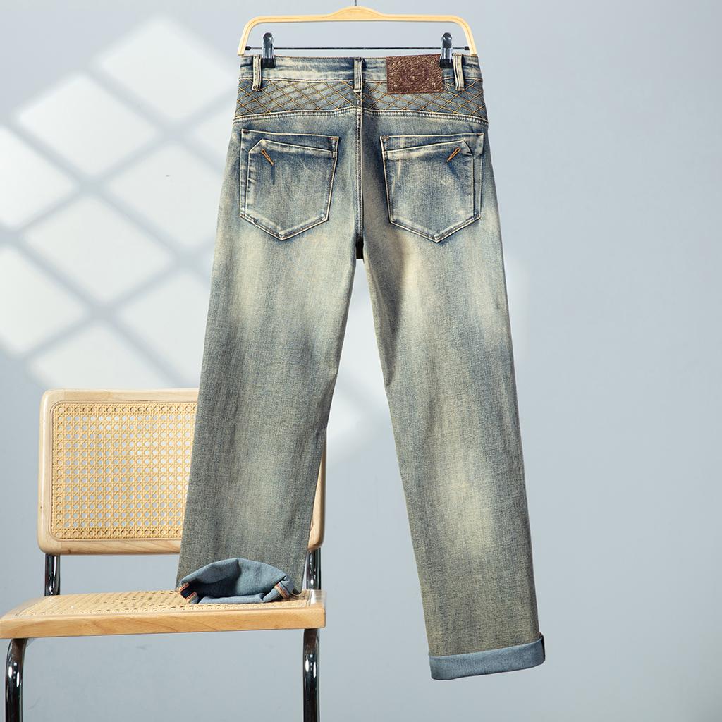 [P461G] Men Vintage Mud Wash Straight Jeans Diamond Embroidery Waist Denim Pants