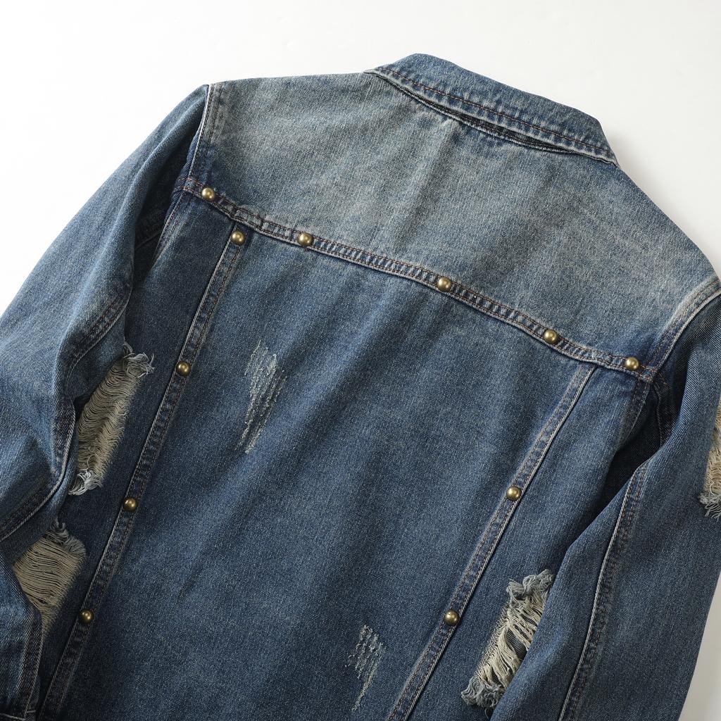 Vintage Distressed Street Style Washed Denim Jacket for Men, Casual Spring & Autumn Daily Wear, Trendy for Young Guys Long Sleeve Menswear