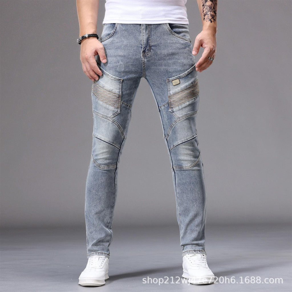 [Y242] Men's Biker Cargo Slim Jeans - Multi-Pocket, Patchwork Stitching, Vintage Washed Denim Pants
