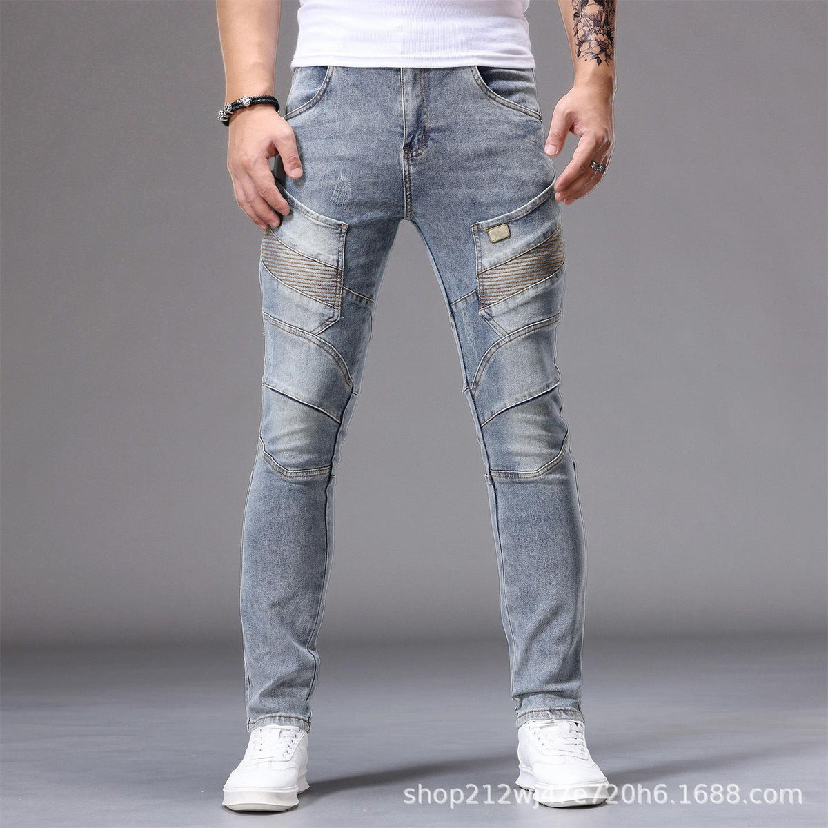 [Y242] Men's Biker Cargo Slim Jeans - Multi-Pocket, Patchwork Stitching, Vintage Washed Denim Pants