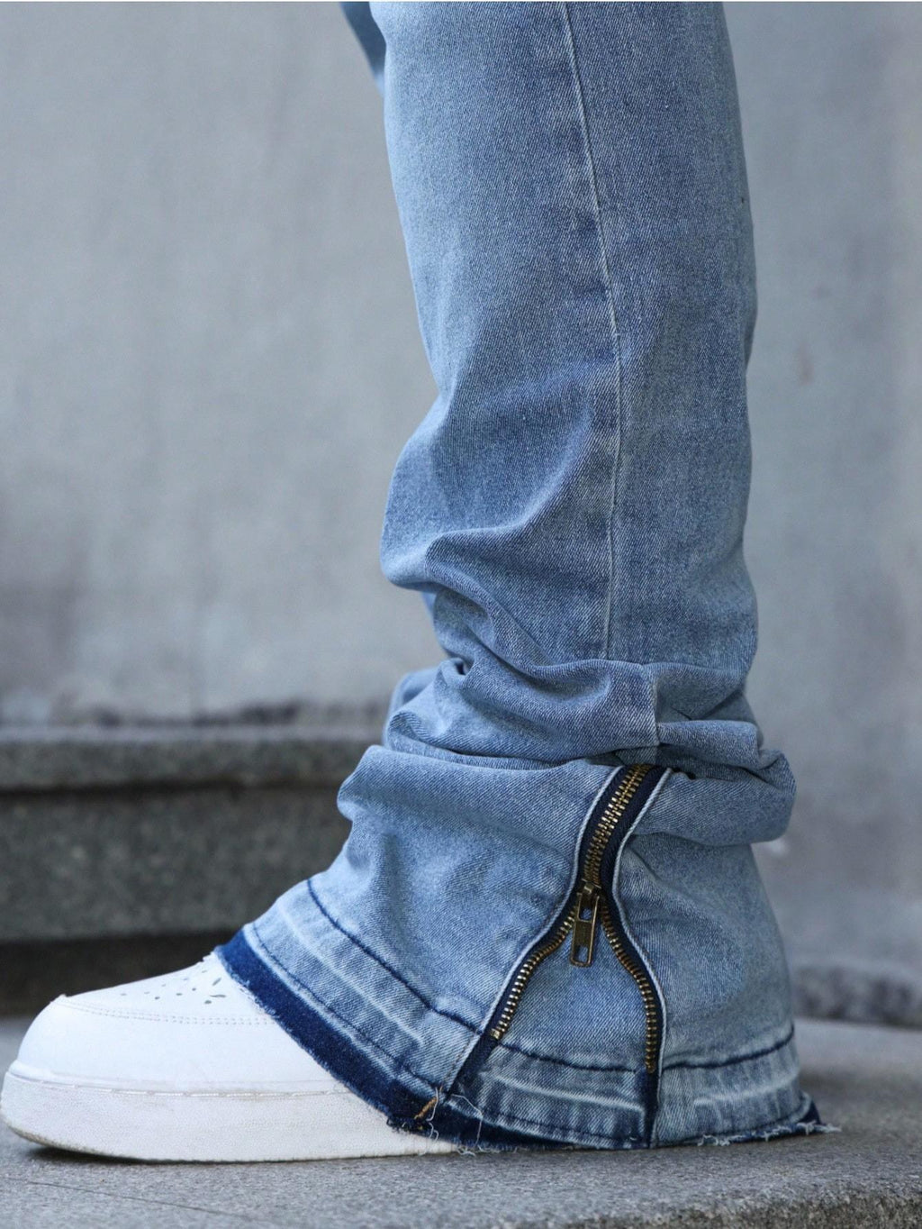 [TS2610] American High Street Stacked Jeans Men Zip Cuff Raw Frayed Bootcut Denim Pants