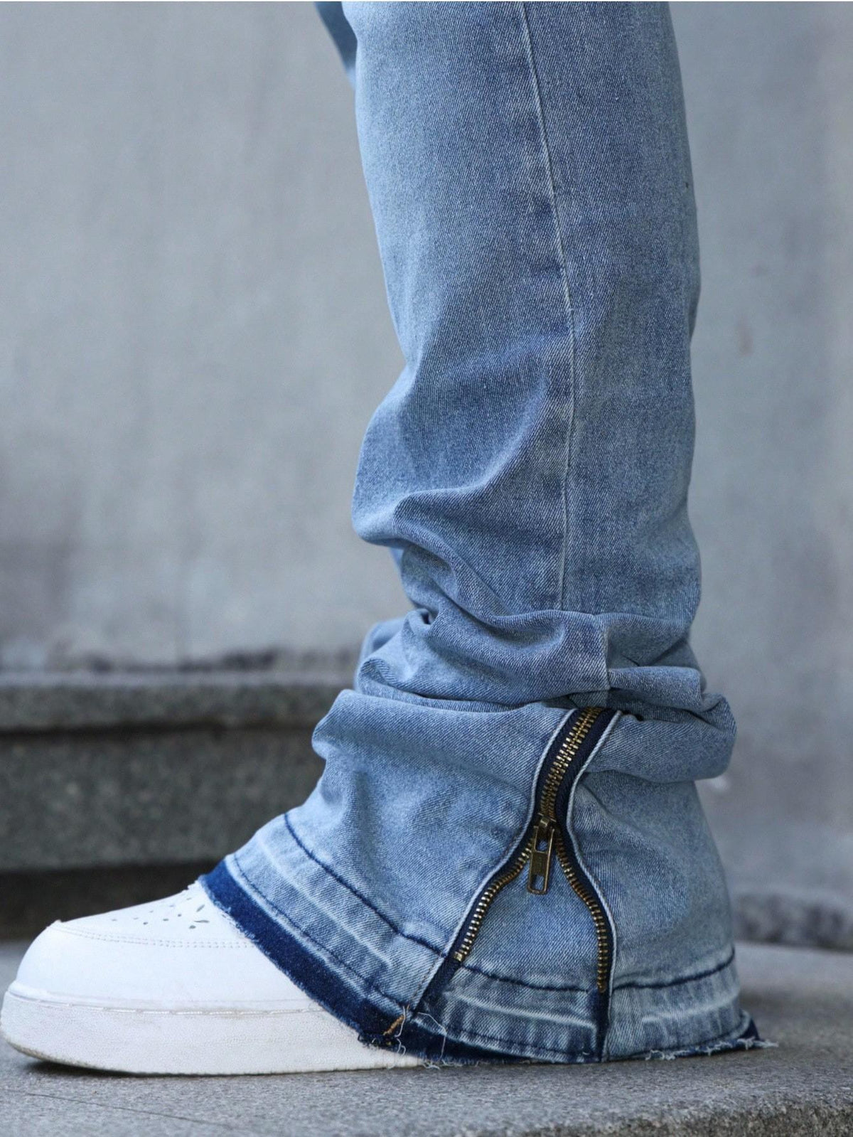 [TS2610] American High Street Stacked Jeans Men Zip Cuff Raw Frayed Bootcut Denim Pants