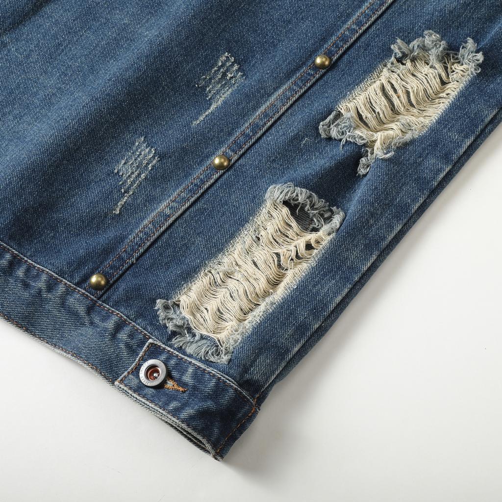 Vintage Distressed Street Style Washed Denim Jacket for Men, Casual Spring & Autumn Daily Wear, Trendy for Young Guys Long Sleeve Menswear
