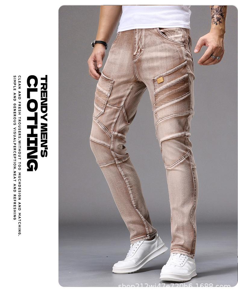 [Y242] Men's Biker Cargo Slim Jeans - Multi-Pocket, Patchwork Stitching, Vintage Washed Denim Pants