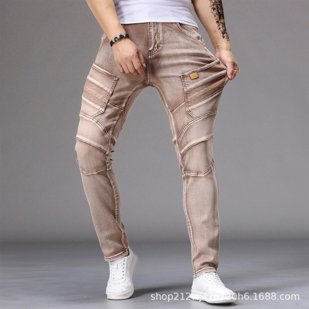 [Y242] Men's Biker Cargo Slim Jeans - Multi-Pocket, Patchwork Stitching, Vintage Washed Denim Pants