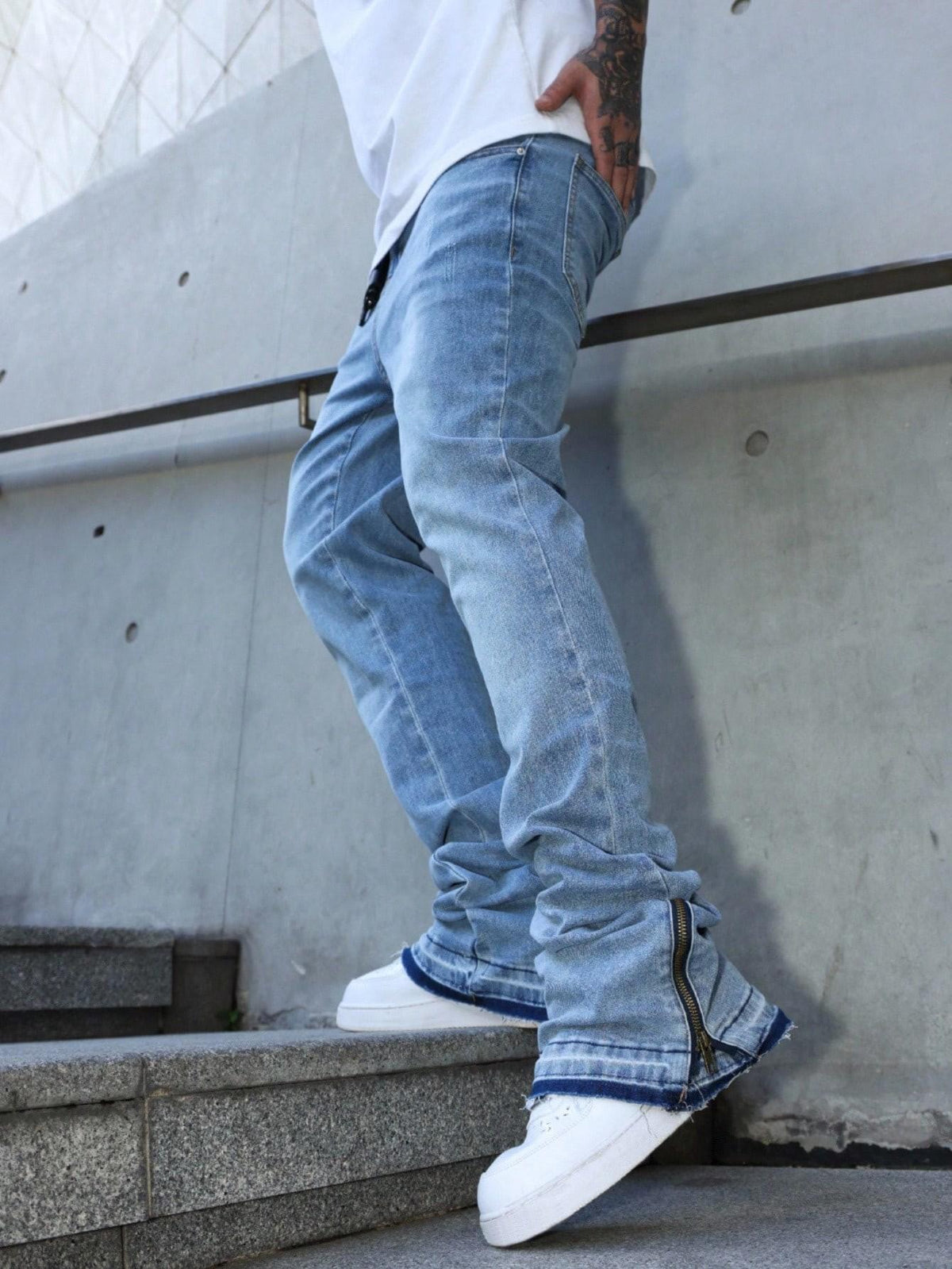 [TS2610] American High Street Stacked Jeans Men Zip Cuff Raw Frayed Bootcut Denim Pants