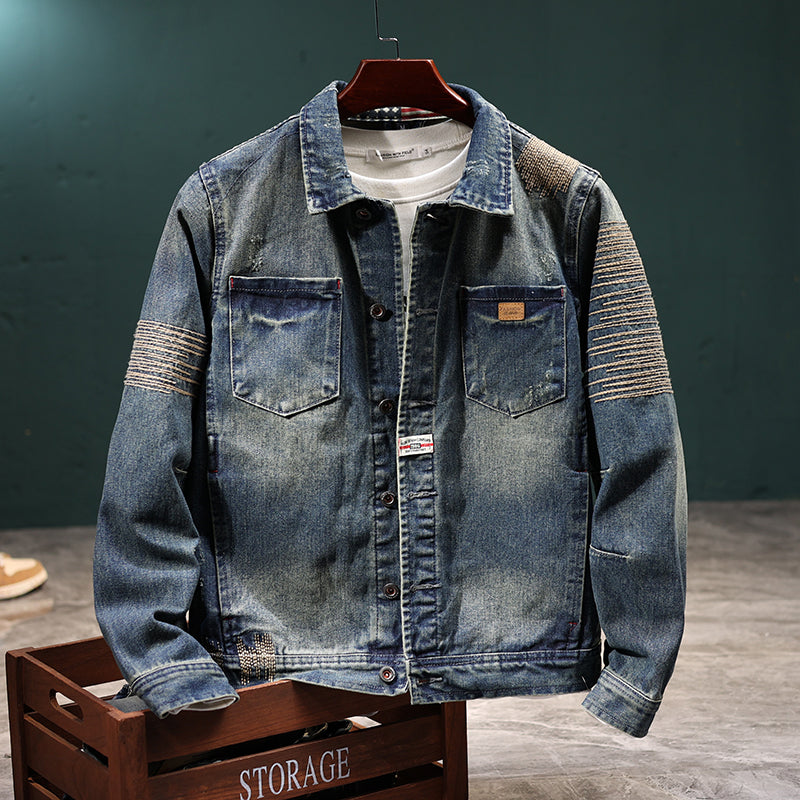 [Vintage Traces] Men’s Retro Denim Jacket, Loose Long‑Sleeve Korean‑Style Casual Outerwear 524