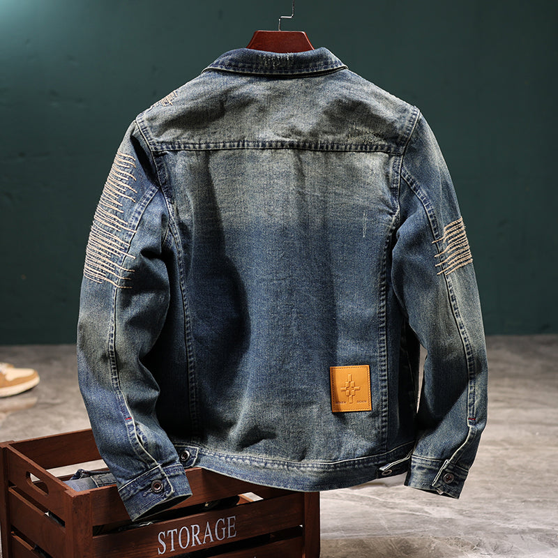 [Vintage Traces] Men’s Retro Denim Jacket, Loose Long‑Sleeve Korean‑Style Casual Outerwear 524