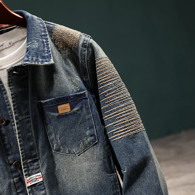 [Vintage Traces] Men’s Retro Denim Jacket, Loose Long‑Sleeve Korean‑Style Casual Outerwear 524