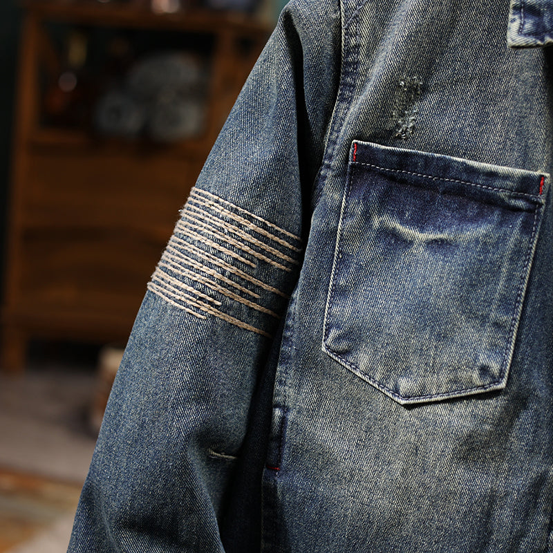 [Vintage Traces] Men’s Retro Denim Jacket, Loose Long‑Sleeve Korean‑Style Casual Outerwear 524
