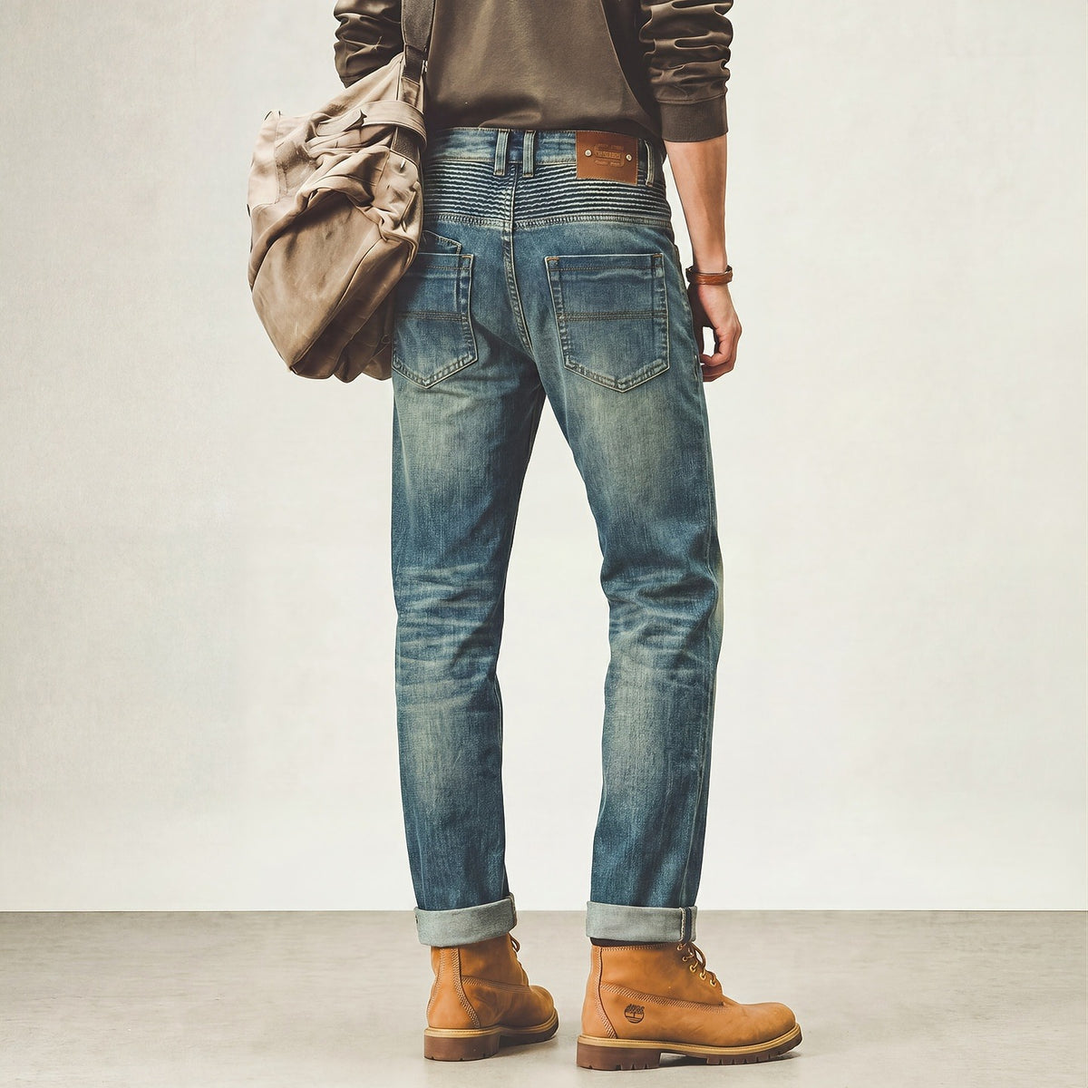 [Biker Style] 2026 Summer Men’s Heavy Pleated Mecha‑Blue Stretch Slim Straight‑Fit Denim Jeans P460