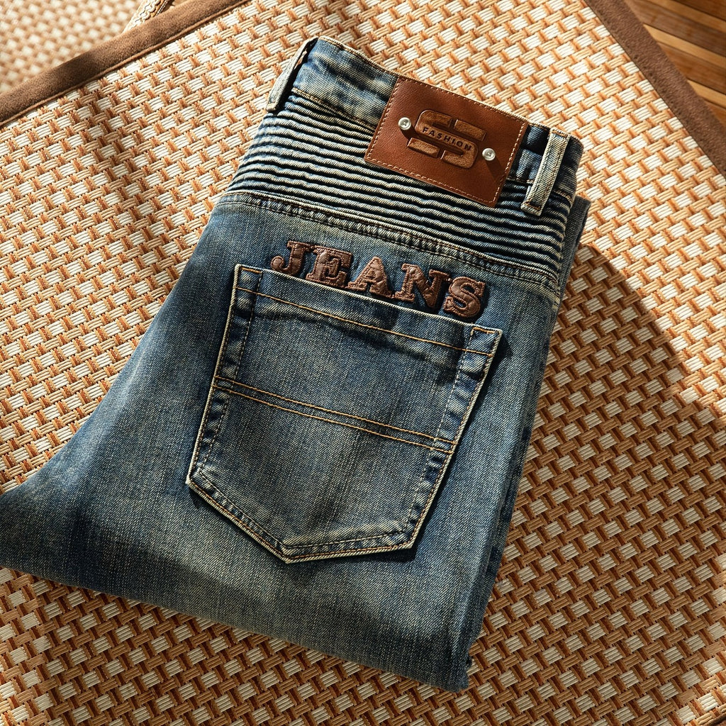 [Biker Style] 2026 Summer Men’s Heavy Pleated Mecha‑Blue Stretch Slim Straight‑Fit Denim Jeans P460