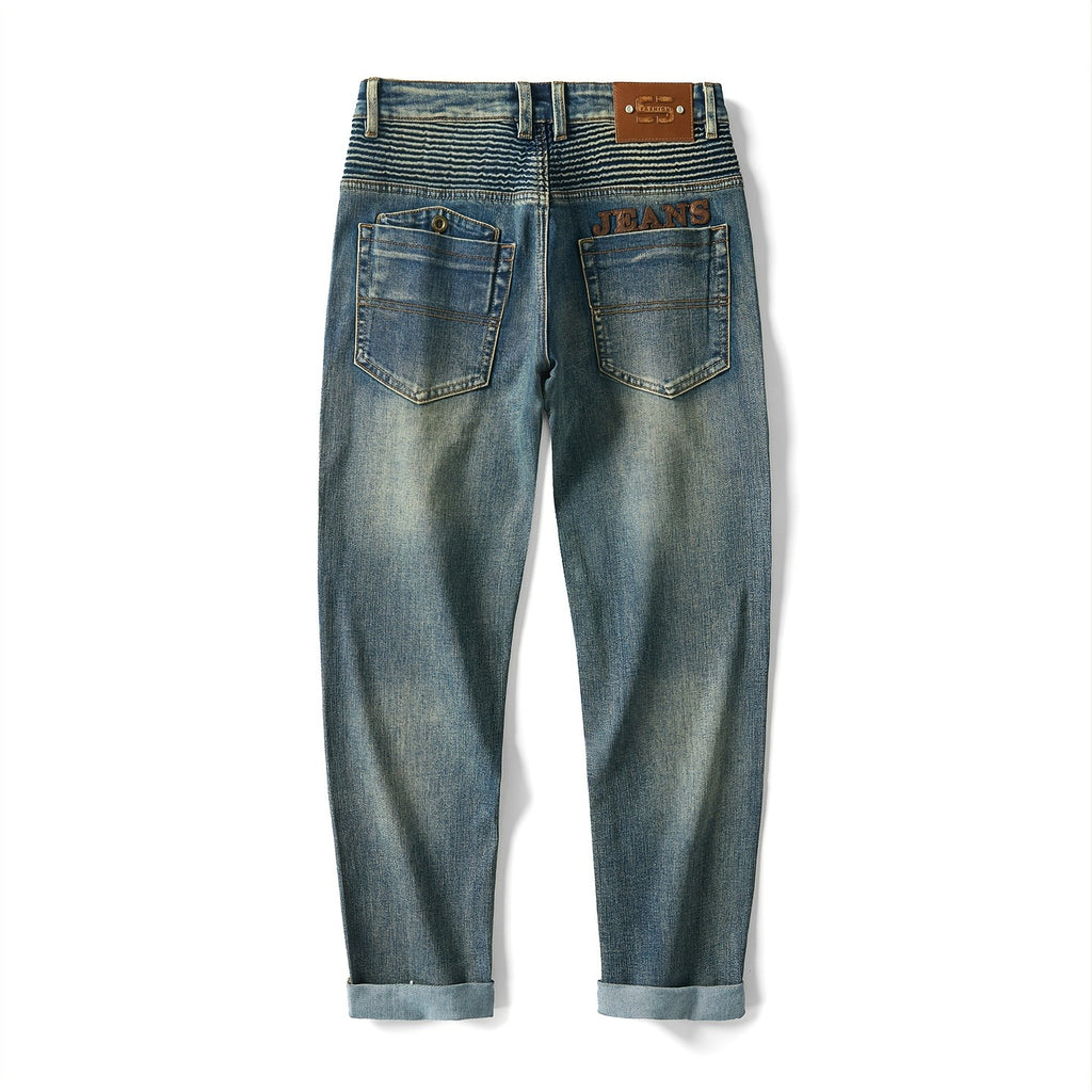 [Biker Style] 2026 Summer Men’s Heavy Pleated Mecha‑Blue Stretch Slim Straight‑Fit Denim Jeans P460