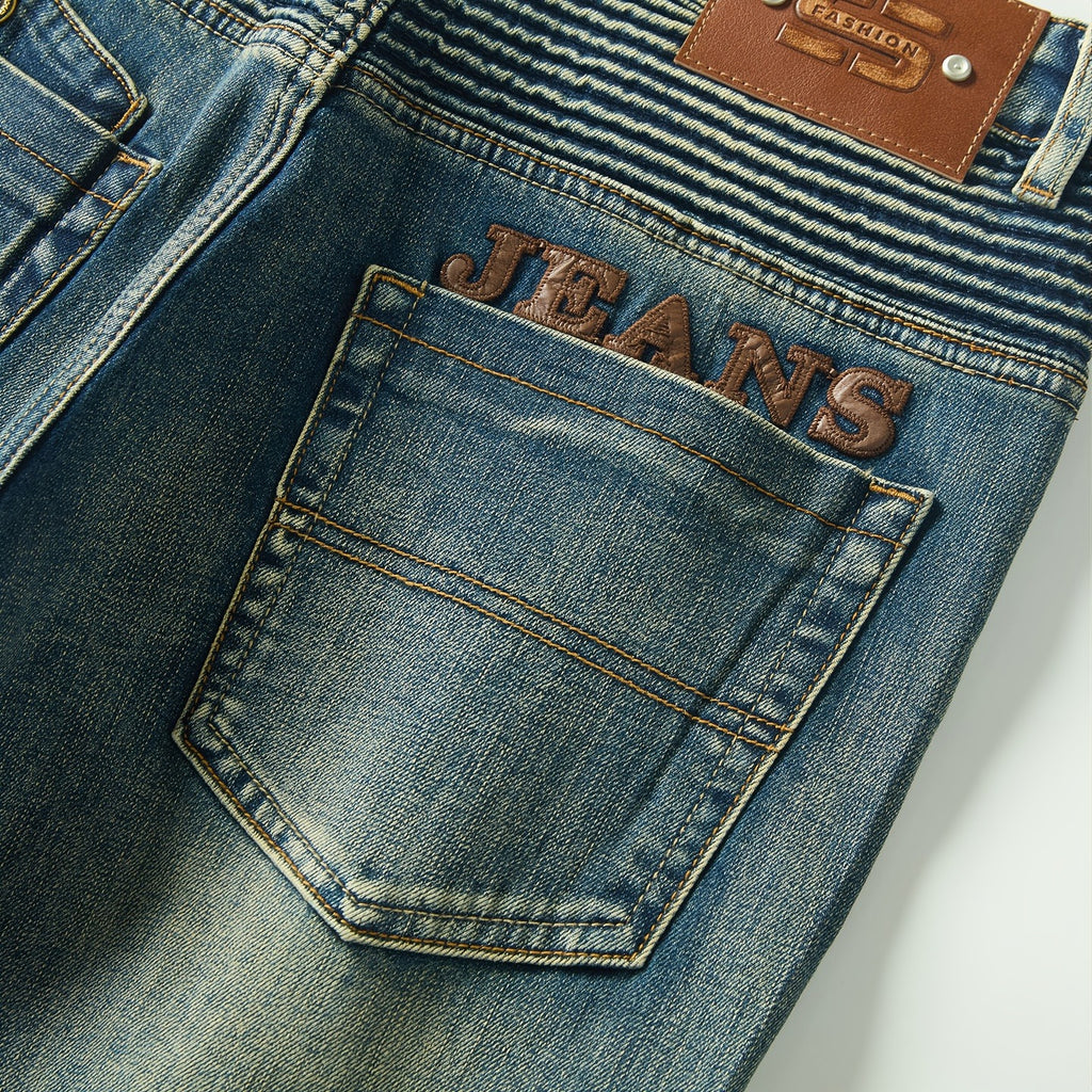 [Biker Style] 2026 Summer Men’s Heavy Pleated Mecha‑Blue Stretch Slim Straight‑Fit Denim Jeans P460