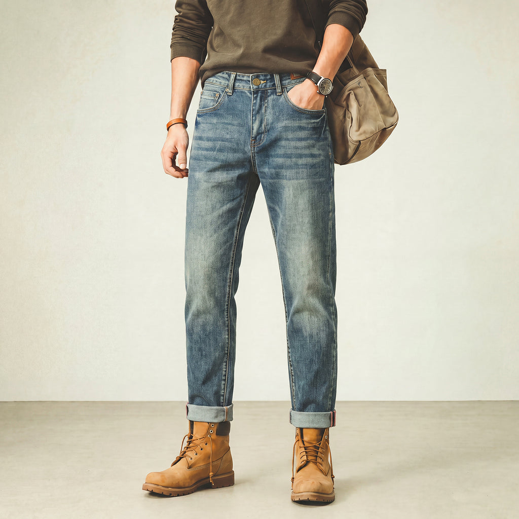 [Biker Style] 2026 Summer Men’s Heavy Pleated Mecha‑Blue Stretch Slim Straight‑Fit Denim Jeans P460