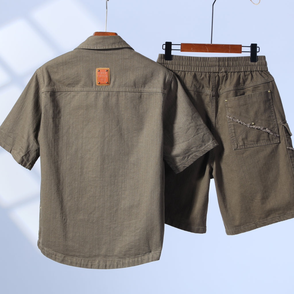 Summer New Heavy‑Weight Cargo Short‑Sleeve Shirt, Plus Size Trendy Casual Lapel Field Coffee CS043