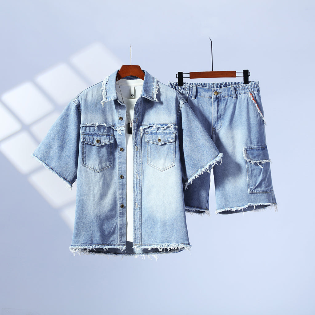 Summer Heavy‑Duty Tough‑Guy Denim Outfit, Loose Raw‑Edge Short‑Sleeve Shirt Set, Trendy Lapel Casual Suit GS703