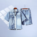 Summer Heavy‑Duty Tough‑Guy Denim Outfit, Loose Raw‑Edge Short‑Sleeve Shirt Set, Trendy Lapel Casual Suit GS703