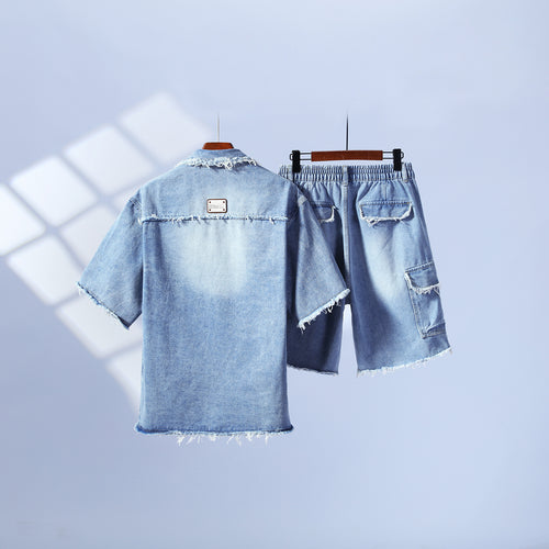 Summer Heavy‑Duty Tough‑Guy Denim Outfit, Loose Raw‑Edge Short‑Sleeve Shirt Set, Trendy Lapel Casual Suit GS703
