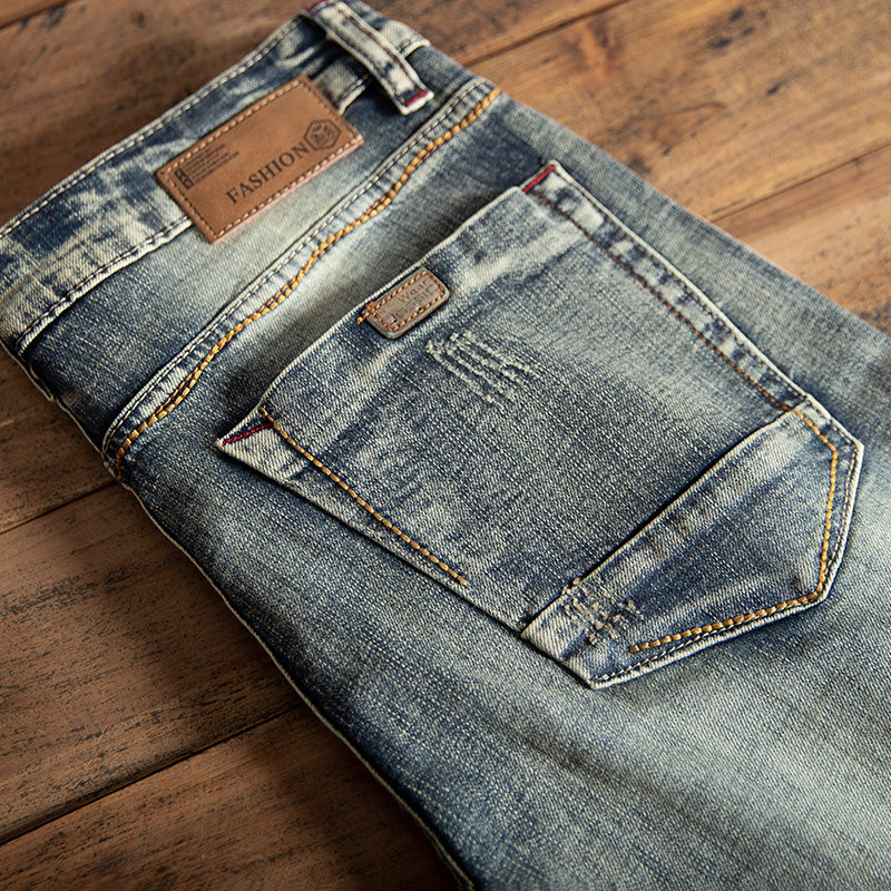 [L088] Luxury Men's Camera Film Color Slim Straight Jeans, Stretch Hong Kong Style Designer Denim Pants