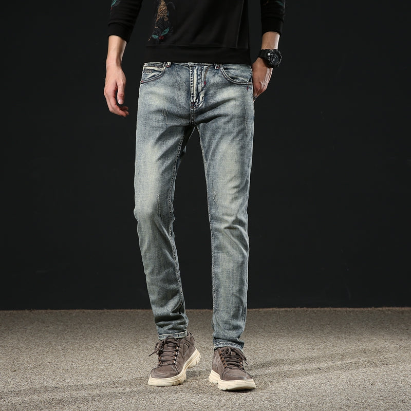 [L088] Luxury Men's Camera Film Color Slim Straight Jeans, Stretch Hong Kong Style Designer Denim Pants
