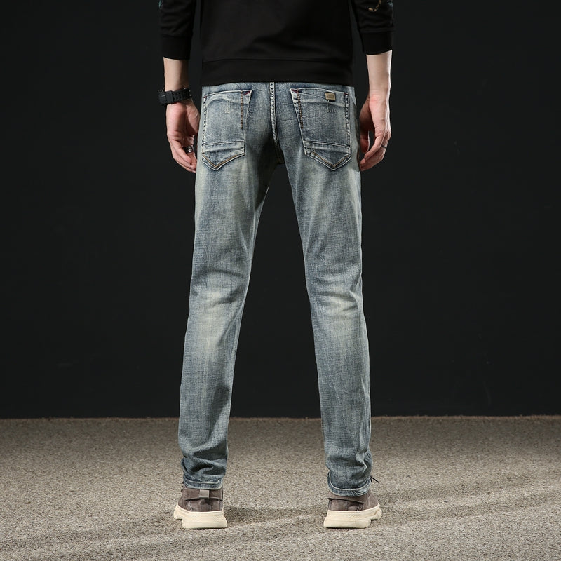 [L088] Luxury Men's Camera Film Color Slim Straight Jeans, Stretch Hong Kong Style Designer Denim Pants