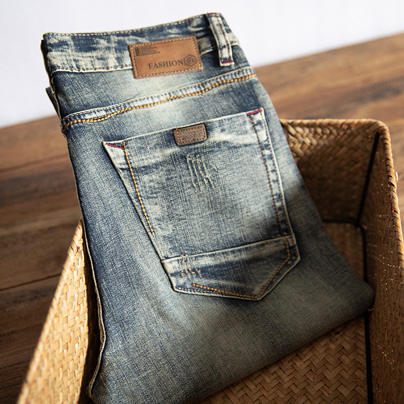 [L088] Luxury Men's Camera Film Color Slim Straight Jeans, Stretch Hong Kong Style Designer Denim Pants